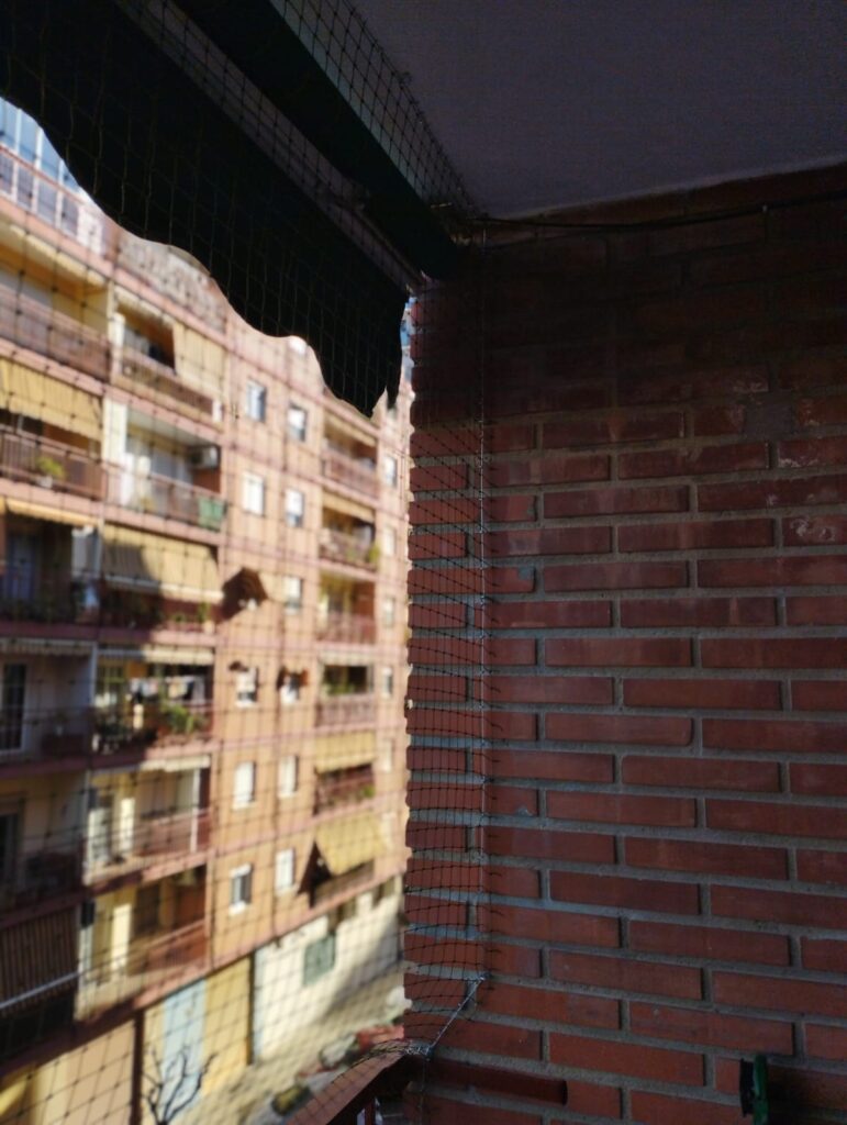 Instalación de red salvando macetero y toldo